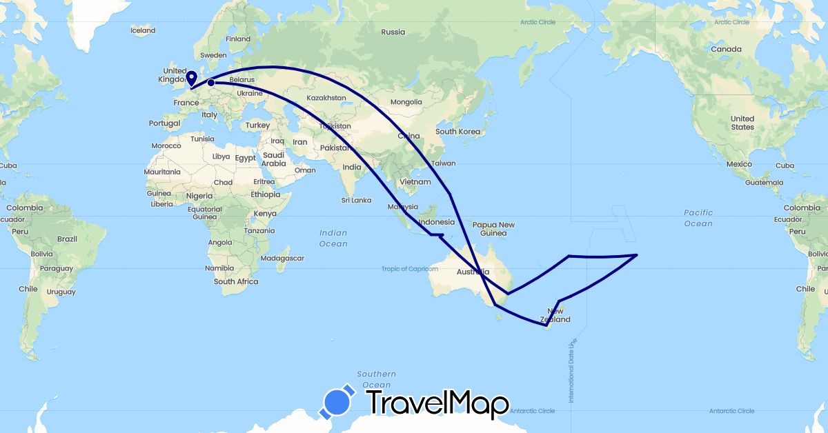 TravelMap itinerary: driving in Australia, Belgium, Germany, Fiji, France, Indonesia, New Zealand, Philippines, Singapore (Asia, Europe, Oceania)